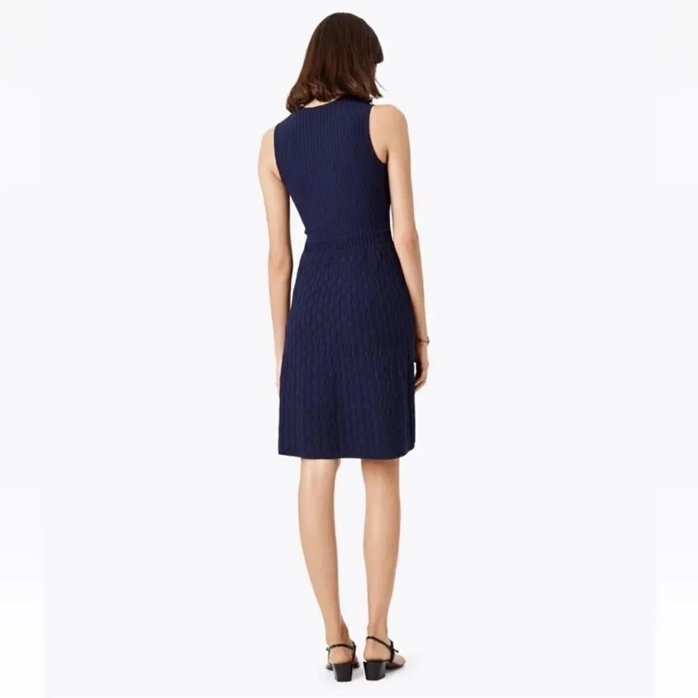 Tory Burch L LIAM Navy Knit Fit-and-Flare Textured Sleeves Dress